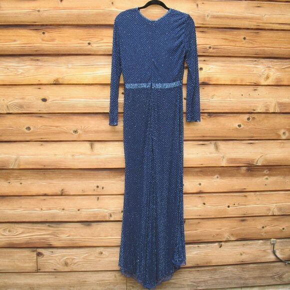 Mac Duggal 5056 Womens Blue BEADED HIGH NECK LONG SLEEVE GOWN WITH DETAILED BELT - Picture 10 of 15